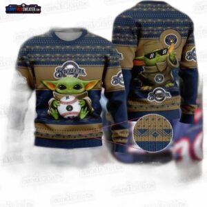 Baby Yoda Baseball Milwaukee Brewers Ugly Christmas Sweater – Navy Gold Holiday Gift
