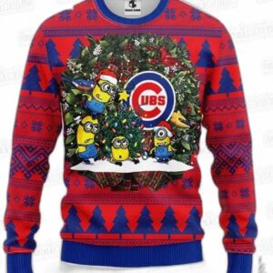 Minions Wreath Chicago Cubs Ugly Christmas Sweater – Red Baseball Holiday Gift
