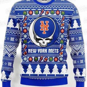 Grateful Dead Skull New York Mets Ugly Christmas Sweater – Blue Baseball Holiday Gift