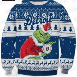 Grinch Santa Detroit Tigers Ugly Christmas Sweater – Navy Baseball Holiday Gift