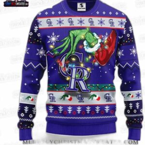 Grinch Holding Lights Colorado Rockies Ugly Christmas Sweater – Purple Baseball Holiday Gift