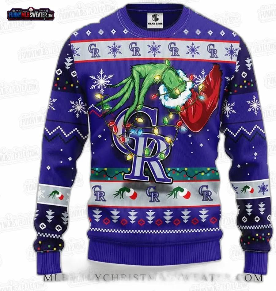 Grinch Holding Lights Colorado Rockies Ugly Christmas Sweater – Purple Baseball Holiday Gift Grinch Holding Lights Colorado Rockies Ugly Christmas Sweater – Purple Baseball Holiday Gift