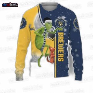 Grinch and Dog Milwaukee Brewers Ugly Christmas Sweater – Navy Gold Baseball Holiday Gift
