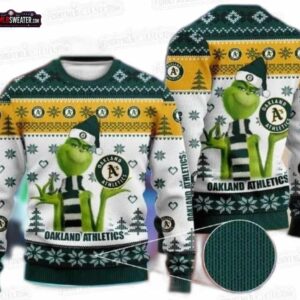 Grinch Snowflake Oakland Athletics Ugly Christmas Sweater – Green Gold Baseball Holiday Gift