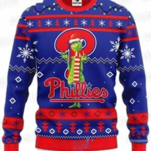 Grinch Philadelphia Phillies Blue MLB Ugly Christmas Sweater - Baseball Fan Gift 1