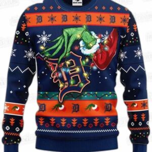 Grinch Stealing Detroit Tigers Ugly Christmas Sweater – Navy Orange Baseball Holiday Gift