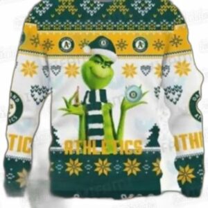 Grinch Stripes Oakland Athletics Ugly Christmas Sweater – Green Gold Baseball Holiday Gift