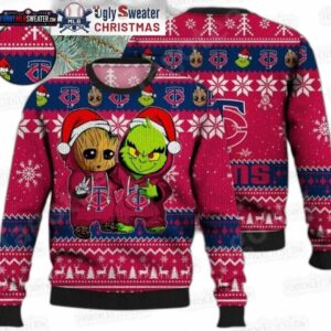 Grinch and Groot Minnesota Twins Ugly Christmas Sweater – Pink Baseball Holiday Gift