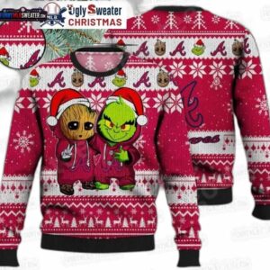 Groot and Grinch Duo Atlanta Braves Ugly Christmas Sweater – Pink Baseball Holiday Gift