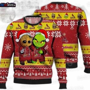 Groot and Grinch St Louis Cardinals Ugly Christmas Sweater – Red Gold Baseball Holiday Gift
