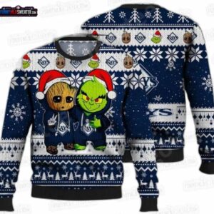 Groot and Grinch Tampa Bay Rays Ugly Christmas Sweater – Navy Baseball Holiday Gift