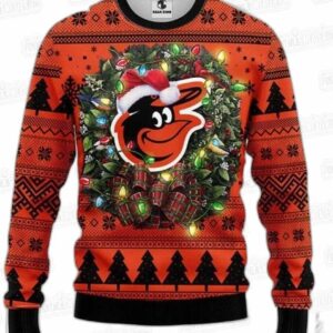 Wreath Lights Baltimore Orioles Ugly Christmas Sweater – Santa Hat Baseball Holiday Gift