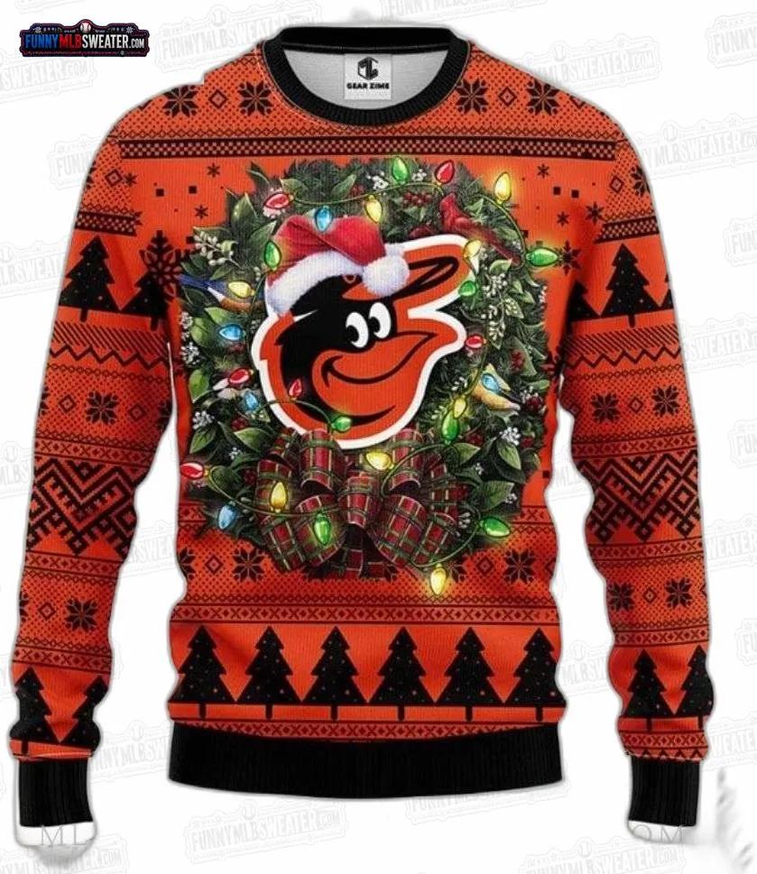 Wreath Lights Baltimore Orioles Ugly Christmas Sweater – Santa Hat Baseball Holiday Gift Wreath Lights Baltimore Orioles Ugly Christmas Sweater – Santa Hat Baseball Holiday Gift