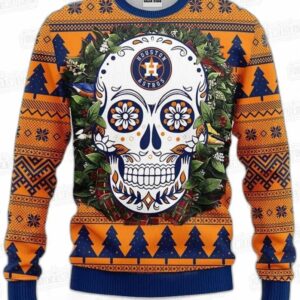 Sugar Skull Wreath Houston Astros Ugly Christmas Sweater – Orange Baseball Holiday Gift