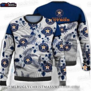 Tropical Leaf Houston Astros Ugly Christmas Sweater – Navy Botanical Baseball Holiday Gift