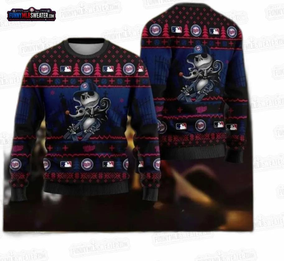 Jack Skellington Minnesota Twins Ugly Christmas Sweater – Dark Baseball Holiday Gift Jack Skellington Minnesota Twins Ugly Christmas Sweater – Dark Baseball Holiday Gift