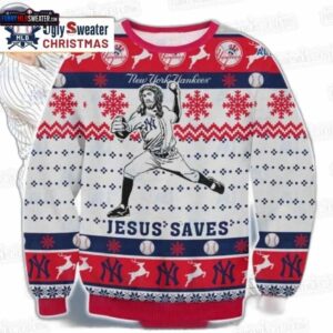 Jesus Saves New York Yankees Ugly Christmas Sweater – Red White Baseball Holiday Gift