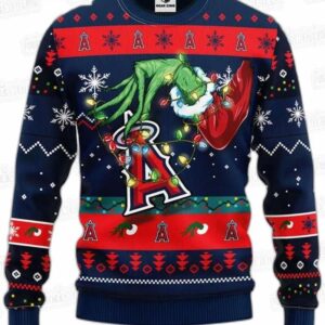 Grinch Stealing Los Angeles Angels Ugly Christmas Sweater – Navy Red Baseball Holiday Gift