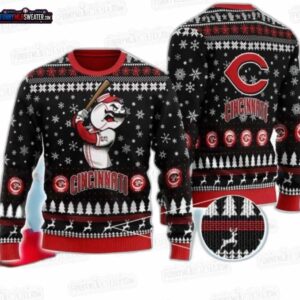 Mascot Batting Cincinnati Reds Ugly Christmas Sweater – Black Red Baseball Holiday Gift